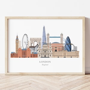 Puede incluir: Una ilustraci&oacute;n colorida del horizonte de Londres, con monumentos emblem&aacute;ticos como el Big Ben, el London Eye, el Tower Bridge y la Catedral de San Pablo. El texto "LONDON England" est&aacute; en la parte inferior de la imagen.
