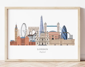 London Skyline Print, London Cityscape, London Wall Art, London Illustration, Travel Poster, London Gift, London Landmarks, UK Print