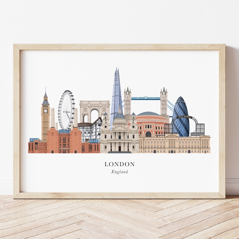 Puede incluir: Una ilustraci&oacute;n colorida del horizonte de Londres, con monumentos emblem&aacute;ticos como el Big Ben, el London Eye, el Tower Bridge y la Catedral de San Pablo. El texto "LONDON England" est&aacute; en la parte inferior de la imagen.