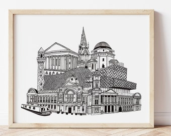 Birmingham Skyline Print, Birmingham Landmarks, Birmingham Cityscape, Birmingham Wall Art, Birmingham Illustration Print, Wall Art, UK Art