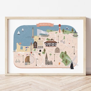 May include: A colourful illustrated map of Margate, England, featuring landmarks like Dreamland, the Old Town Hall, and St John's Church. The map is set against a light pink background with a blue ocean and a red lighthouse.
