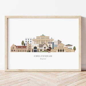 Cheltenham Skyline Print, Hand Drawn Illustrated Cheltenham Poster, Colourful Cheltenham Wall Art, Housewarming Gift, Detailed Cityscape Art