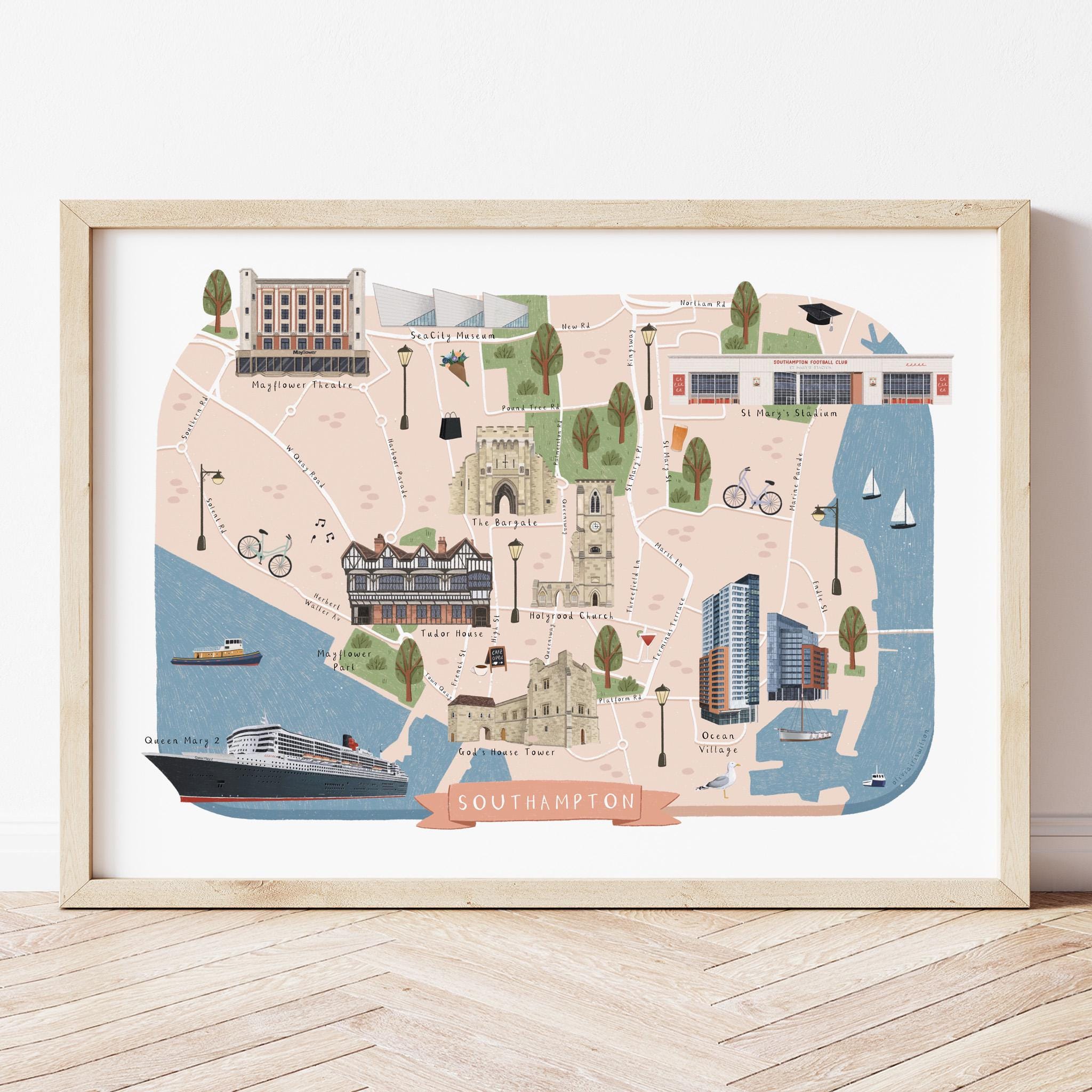 Southampton Map Print, Illustrated Map of Southampton, Southampton Poster, Southampton Wall Art, Southampton Gift, Southampton University