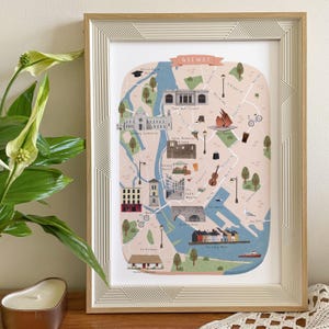 Impression de carte illustrée de Galway, affiche illustrée de Galway dessinée à la main, art coloré de Galway, cadeau personnalisé de Galway, art irlandais fait main