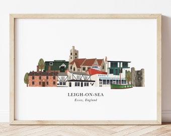 Leigh on Sea Skyline Print, Leigh-on-Sea Cityscape, Leigh on Sea Wall Art, Leigh on Sea Gift, Leigh on Sea Illustration, Old Leigh Poster