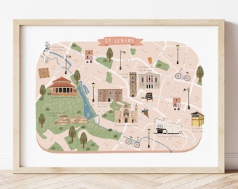 Mapa de St Albans, Mapa ilustrado de St Albans, Póster de St Albans, Impresión de St Albans, Arte de St Albans, Ilustración de St Albans, Regalo de St Albans
