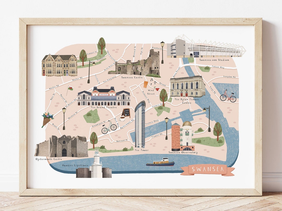 Swansea Map, Illustrated Map of Swansea, Swansea Poster, Swansea Print ...