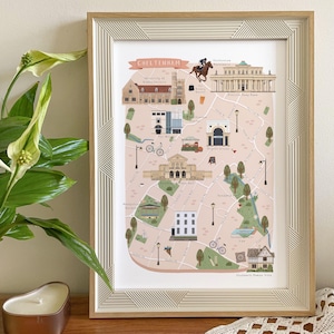Carte de Cheltenham, carte illustrée de Cheltenham, impression de Cheltenham, art de Cheltenham, affiche de Cheltenham, Gloucestershire Uni, carte des Cotswolds