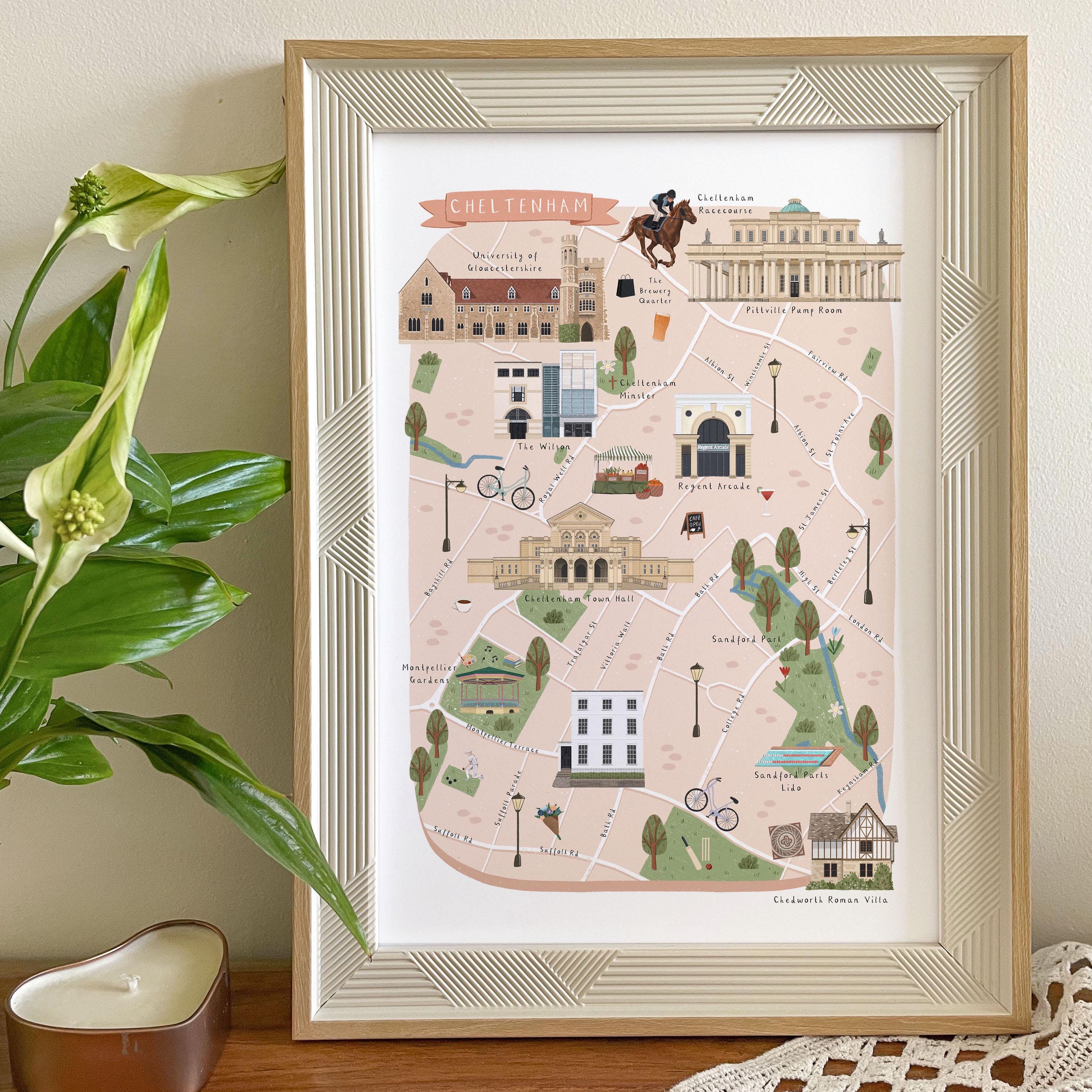Cheltenham Map, Illustrated Map of Cheltenham, Cheltenham Print, Cheltenham Art, Cheltenham Poster, Gloucestershire Uni, Cotswolds Map