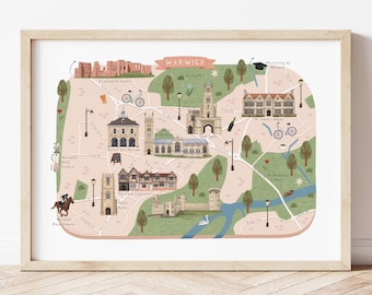 Warwick Map Print, Illustrated Map of Warwick, Warwick Poster, Warwick Print, Warwick Art, Warwick Gift, Warwick University, Warwickshire