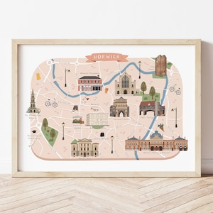 Norwich Karte, Illustrierte Karte von Norwich, Norwich Poster, Norwich Druck, Norwich Kunst, Norwich Illustration, Norwich Geschenk, Norfolk Reisen