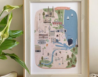 Aberdeen Map, Illustrated Map of Aberdeen, Aberdeen Print, City Wall Art, Aberdeen Travel Poster, Aberdeen Poster, Scotland, Scottish Gift