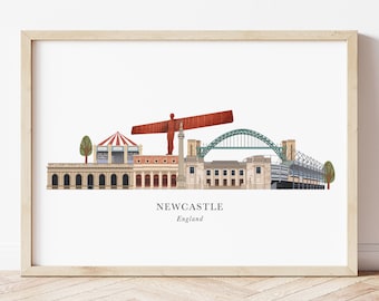 Impression de la ligne d'horizon de Newcastle, paysage urbain de Newcastle, art mural Newcastle, cadeau Newcastle, illustration de Newcastle, affiche de Newcastle, cadeau de remise des diplômes
