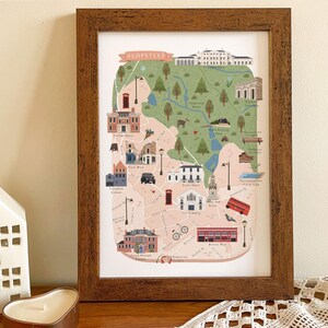 Impression de carte de Hampstead, carte illustrée de Hampstead, affiche colorée de Hampstead, art mural dessiné à la main de Hampstead, cadeau de pendaison de crémaillère personnalisé