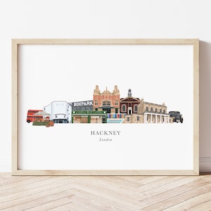 May include: An illustration of the Hackney neighbourhood in London, England. The illustration features several buildings, including the Rio Cinema, Boxpark, and the Hackney Empire. The illustration also includes a double-decker bus, a taxi, and a market.