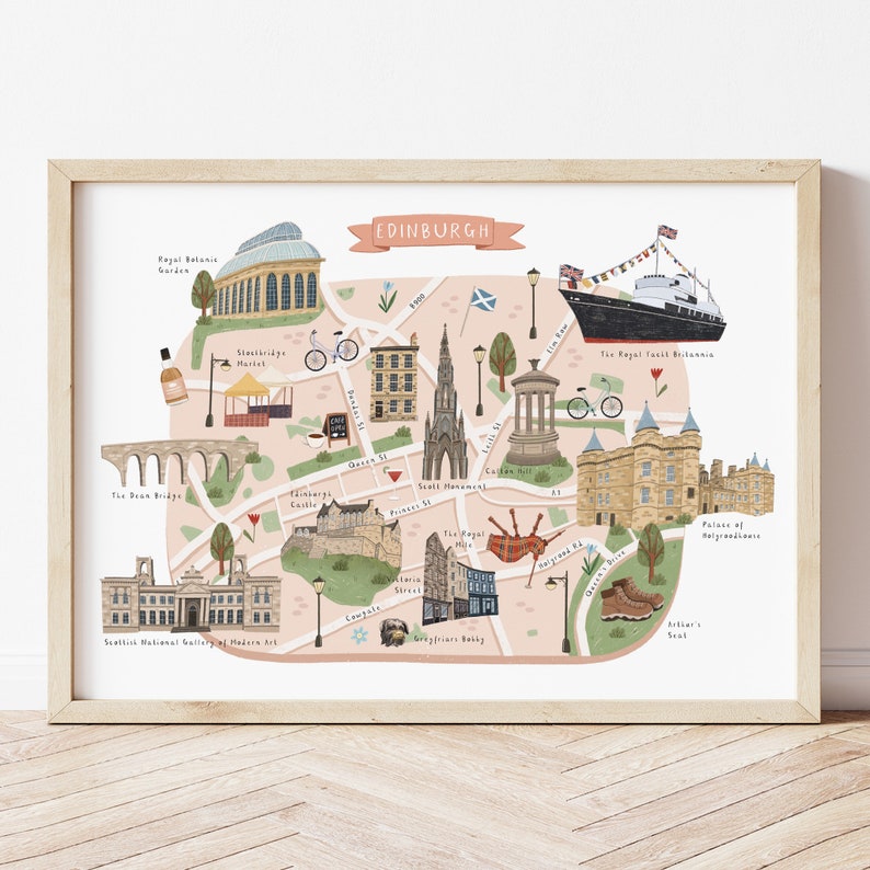 May include: A colorful illustrated map of Edinburgh, Scotland, featuring landmarks like the Royal Botanic Garden, the Dean Bridge, and the Palace of Holyroodhouse. The map also includes text labels for various streets and locations.