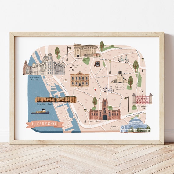 Liverpool Map, Illustrated Map of Liverpool, Liverpool Poster, Liverpool Print, Liverpool Art, Liverpool Illustration, Liverpool Gift