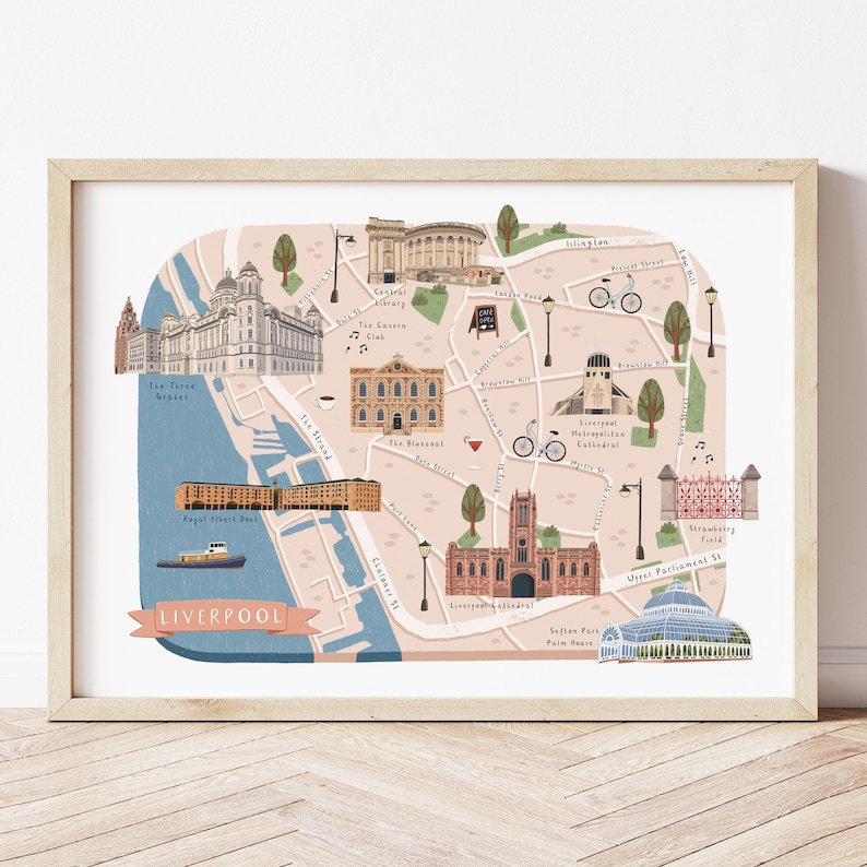 Liverpool Map, Illustrated Map of Liverpool, Liverpool Poster, Liverpool Print, Liverpool Art, Liverpool Illustration, Liverpool Gift bild 1