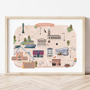 Impression de carte illustrée de Birmingham, affiche de Birmingham dessinée à la main, art mural Birmingham personnalisé coloré, cadeau de pendaison de crémaillère personnalisé