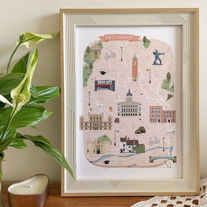 Carte de Nottingham, Carte illustrée de Nottingham, Impression de Nottingham, Art de Nottingham, Voyage de Nottingham, Affiche de Nottingham, Cadeau de Nottingham