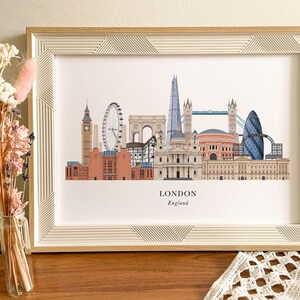 Puede incluir: Una impresi&oacute;n enmarcada de un horizonte de Londres con monumentos emblem&aacute;ticos como el Big Ben, el London Eye y el Tower Bridge. La impresi&oacute;n est&aacute; en papel blanco con un marco blanco y el texto "LONDON England" en la parte inferior.