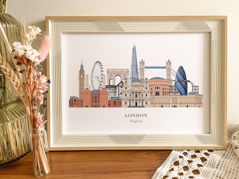 Puede incluir: Una impresi&oacute;n enmarcada de un horizonte de Londres con monumentos emblem&aacute;ticos como el Big Ben, el London Eye y el Tower Bridge. La impresi&oacute;n est&aacute; en papel blanco con un marco blanco y el texto "LONDON England" en la parte inferior.