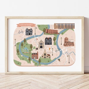 Shrewsbury illustrierte Karte Druck, handgezeichnetes Shrewsbury Poster, bunte kundenspezifische Shrewsbury Wandkunst, personalisiertes Housewarminggeschenk