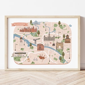 Glasgow Karte, illustrierte Karte von Glasgow, Glasgow Poster, Glasgow Druck, Glasgow Kunst, Glasgow Illustration, Glasgow Geschenk, Glasgow Reise