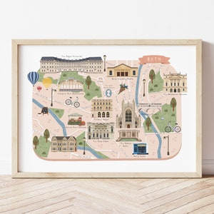 Carte de bain, carte illustrée de Bath, affiche de bain, impression de bain, art de bain, illustration de bain, cadeau de bain, art mural de bain, voyage de Bath, carte de l'Angleterre