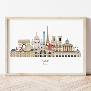 Paris Skyline Druck, Paris Stadtbild, Paris Wandkunst, Paris Illustration, Frankreich Reise Poster, Paris Geschenk, Paris Wahrzeichen, Frankreich
