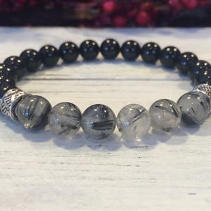 Men's Genuine Tourmalated Quartz & Black Tourmaline Bracelet, Protection, Energizing, Stress Relief, Well Being, Masculine Bracelet, For Him