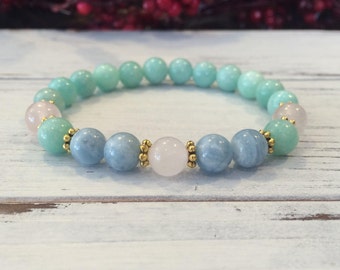 Amazonite, Aquamarine & Rose Quartz Bracelet, Healing Crystals, Loving Energy, Authentic Living, Love Yourself, Courage, Speak Your Truth