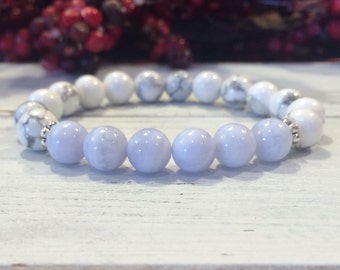 Howlite & Blue Lace Agate Bracelet, A Grade, Healing Stones, Stress Relief, Authentic Communication, Mindful Living, Calming, Throat Chakra