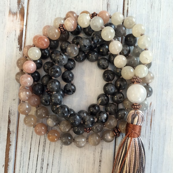 Göttlich weibliche Mondstein Mala, 108 Mala Perlen, Meditation Perlen, buddhistisches Gebet, für Intuition, weibliche Energie, Ausgeglichenheit, Göttin