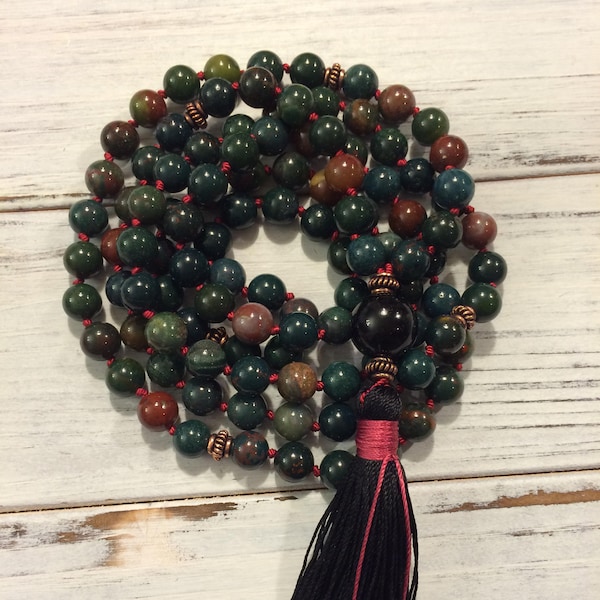 Bloodstone + Black Tourmaline 108 Mala Beads, Mantra Meditation, Buddhist Prayer Beads, For Protection, Healing, Detox, Vitality, Well Being