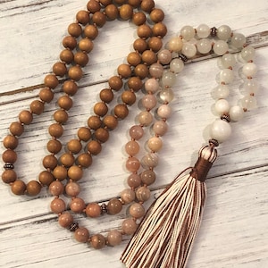 Divine Sandalwood Moonstone Mala, 108 Mala Beads, Buddhist Prayer, Meditation, Femine Energy, Goddess, Awareness Tranquility Divine Thoughts