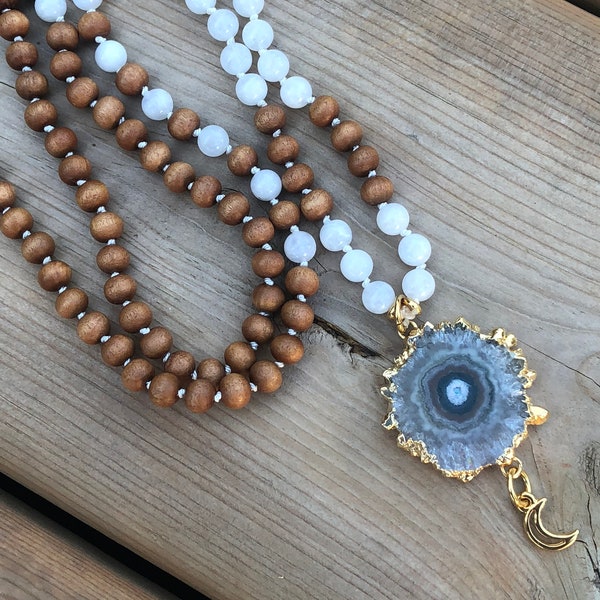 Moonstone + Aromatic Sandalwood + Amethyst Stalactite 108 Mala, 6mm Knotted Mala Necklace, Meditation, Crown Chakra, Intuition, Calm, Peace