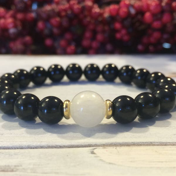 Full Moon Bracelet, AA Grade Black Tourmaline, Moonstone For Protection, Grounding, Balancing Emotions, Feminine Energy, Overall Well Being