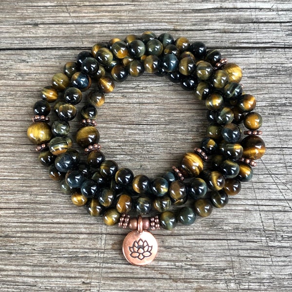 Tiger Eye 108 Mala, Wrap Bracelet-Necklace, Meditation Beads, Buddhist Prayer Beads, Blue/Green Tiger Eye for Strength, Focus and Protection