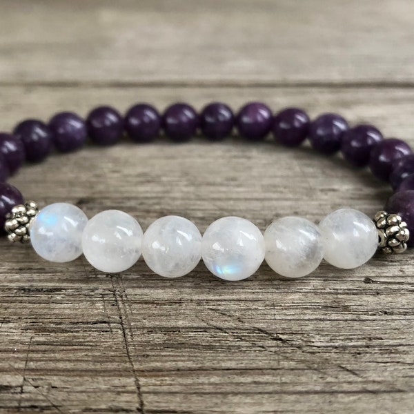 8mm Lepidolite & Moonstone Bracelet, A Grade Healing Crystals, Stress-Anxiety Relief, Emotional Stability, Divine Connection, Mindful Living