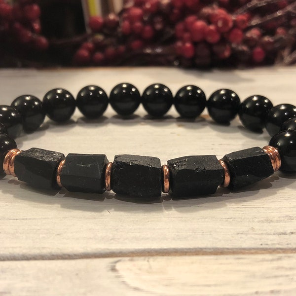 10mm Raw Black Tourmaline + AAA Black Tourmaline Bracelet, Wrist Mala,  Protection, Grounding, Stress Relief, Overall Wellbeing, Root Chakra