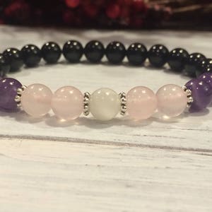 Empath Bracelet, AAA Grade Black Tourmaline, Amethyst, Rose Quartz, Moonstone For Protection, Balancing Emotions, Loving Energy, Intuition image 1