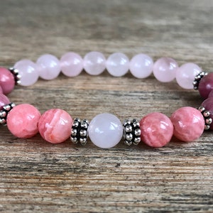 Pure Love, Rhodochrosite, Rose Quartz + Rhodonite Bracelet, 6mm/8mm Stacking Bracelet, Loving Energy, Heart Chakra, Self Love, Compassion