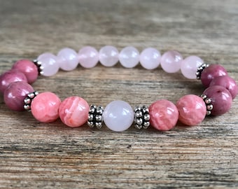 Pure Love, Rhodochrosite, Rose Quartz + Rhodonite Bracelet, 6mm/8mm Stacking Bracelet, Loving Energy, Heart Chakra, Self Love, Compassion