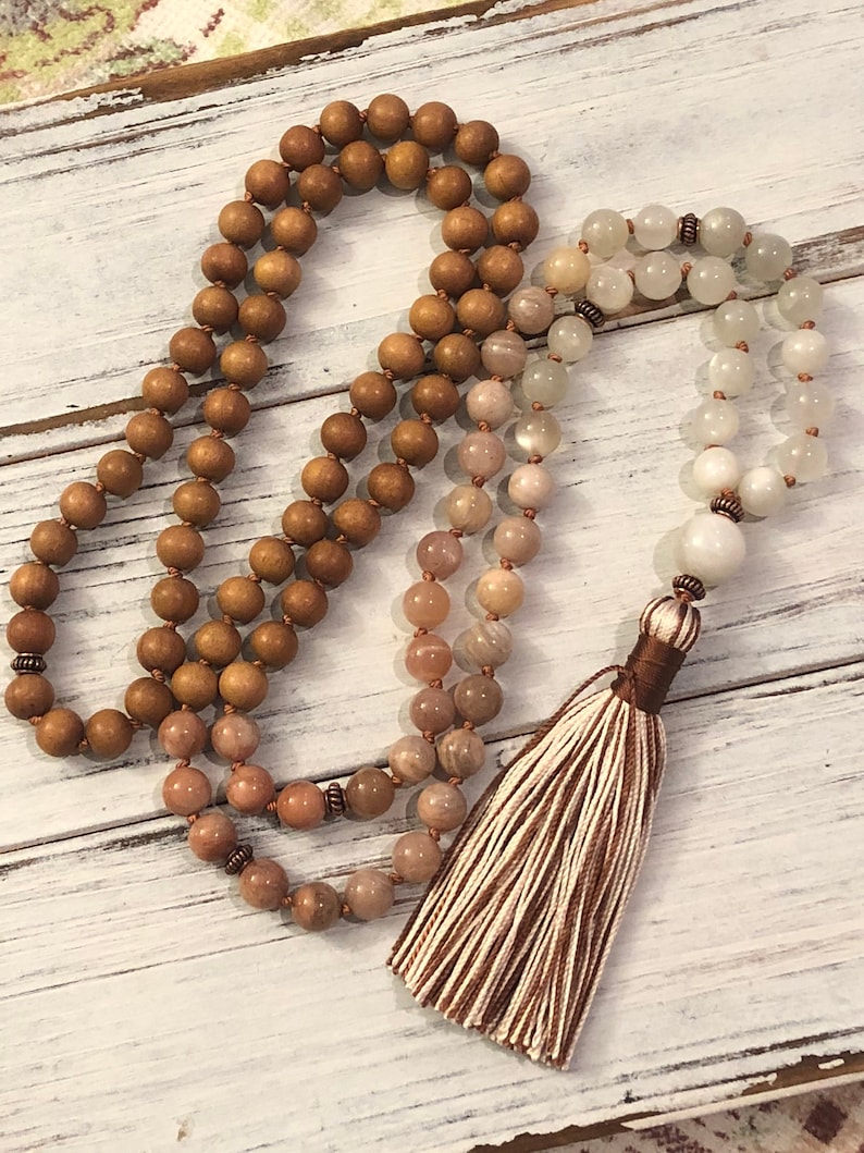 Divine Sandalwood Moonstone Mala, 108 Mala Beads, Buddhist Prayer, Meditation, Femine Energy, Goddess, Awareness Tranquility Divine Thoughts image 1