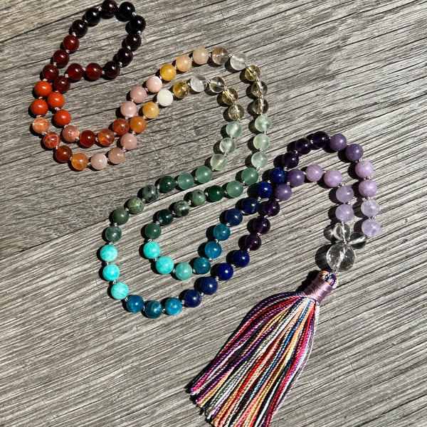 Mala heureux d'amour arc-en-ciel de 6 mm, collier 108 malas, perles de méditation, pour la joie, l'amour, la fierté, énergie édifiante, vibrations élevées, bonheur, acceptation