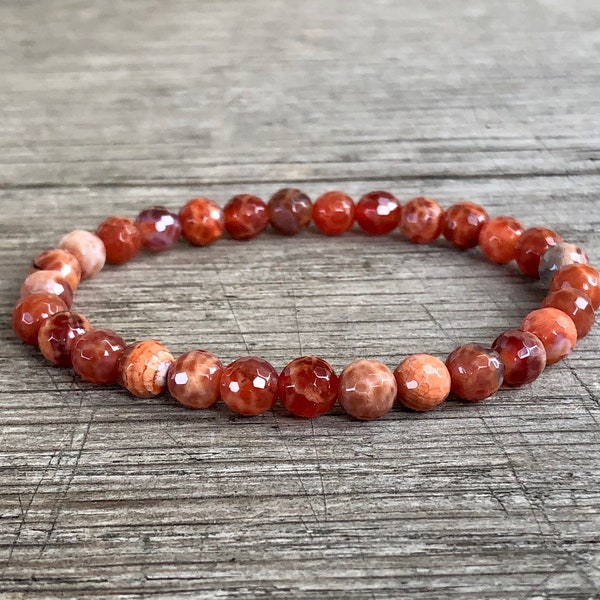 6mm Faceted Fire Agate Small Bead Stacking Bracelet, Mala Beads, Protection Your Energy, Vitality, Motivation & Creativity, Sacral Chakra