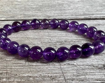 8mm AAA Grade Amethyst Bracelet, Stacking Bracelet, February Birthstone, Mala For Overcoming Fear, Heightens Spirituality, Crown Chakra