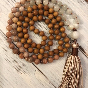 Divine Sandalwood Moonstone Mala, 108 Mala Beads, Buddhist Prayer, Meditation, Femine Energy, Goddess, Awareness Tranquility Divine Thoughts image 2