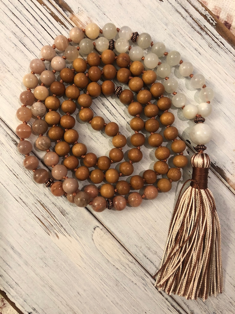 Divine Sandalwood Moonstone Mala, 108 Mala Beads, Buddhist Prayer, Meditation, Femine Energy, Goddess, Awareness Tranquility Divine Thoughts image 2